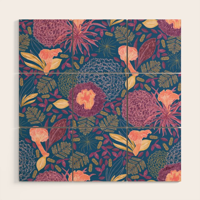 Forest Full of Wild Mushrooms in Navy Blue & Peach Wood Wall Art Gallery Image 1
