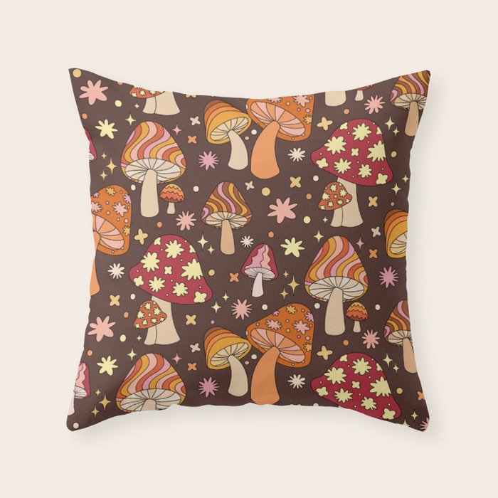 Magic Mushrooms in Brown Throw Pillow Gallery Image 6