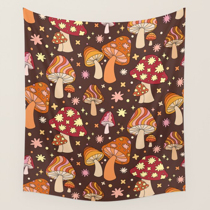 Magic Mushrooms in Brown Wall Tapestry Gallery Image 1
