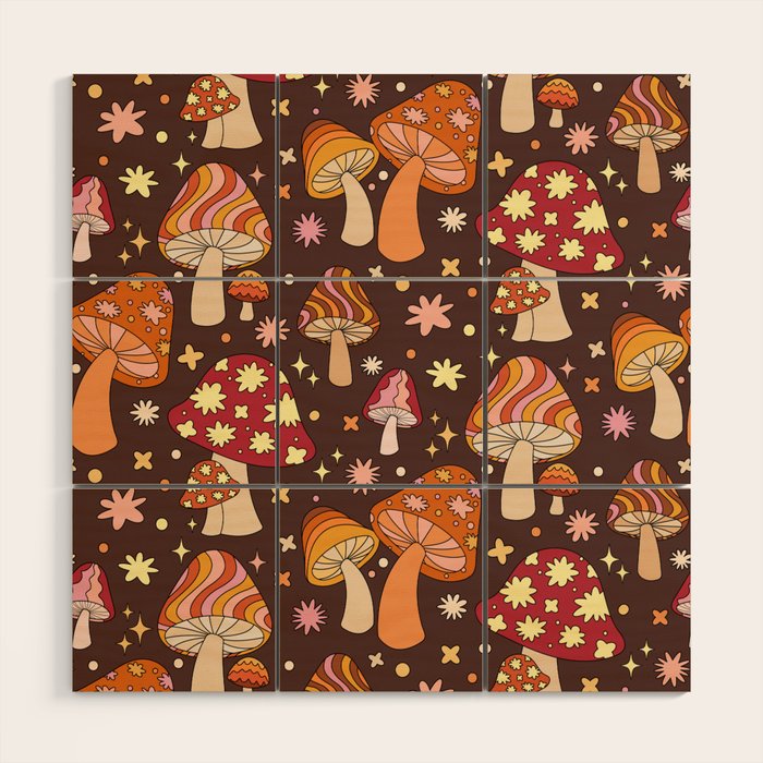 Magic Mushrooms in Brown Wood Wall Art Gallery Image 1