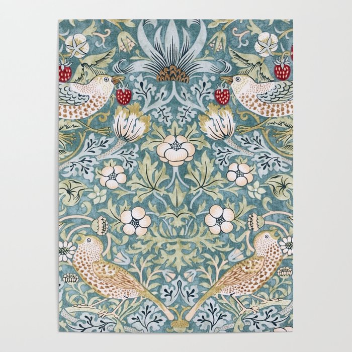 William Morris Strawberry Thief Detail Aqua Blue Turquoise Poster Gallery Image 1