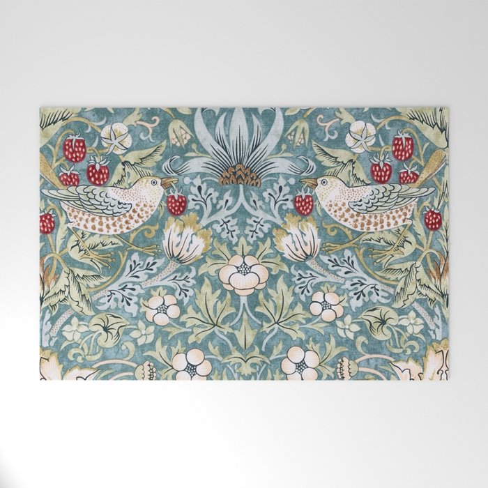 William Morris Strawberry Thief Detail Aqua Blue Turquoise Welcome Mat Gallery Image 1