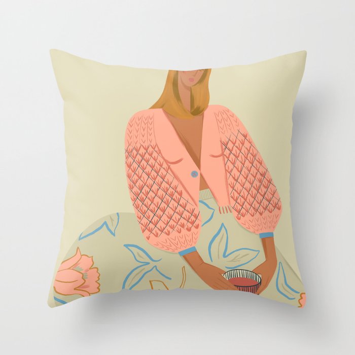  girl in pink with a glass Throw Pillow Gallery Image 1