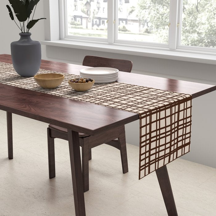 Mid Century Modern Fine Weave Minimalist Retro Woven Pattern in Dark Brown and Light Beige Table Runner Gallery Image 2