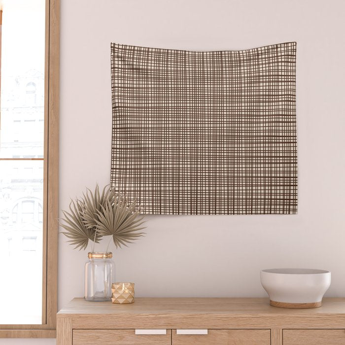 Mid Century Modern Fine Weave Minimalist Retro Woven Pattern in Dark Brown and Light Beige Wall Tapestry Gallery Image 2