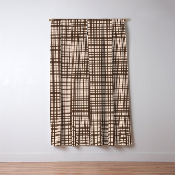 Mid Century Modern Fine Weave Minimalist Retro Woven Pattern in Dark Brown and Light Beige Window Curtain Gallery Image 3