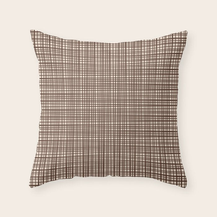 Mid Century Modern Fine Weave Minimalist Retro Woven Pattern in Dark Brown and Light Beige Throw Pillow Gallery Image 1