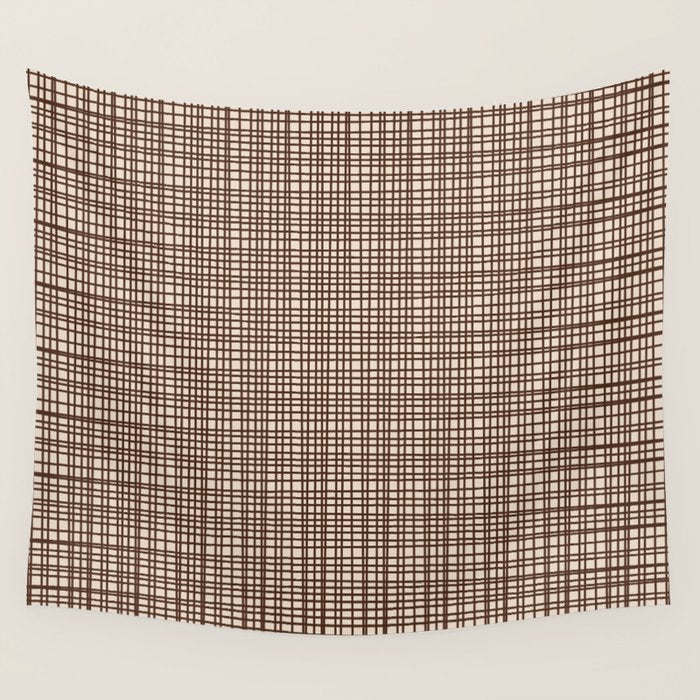 Mid Century Modern Fine Weave Minimalist Retro Woven Pattern in Dark Brown and Light Beige Wall Tapestry Gallery Image 1