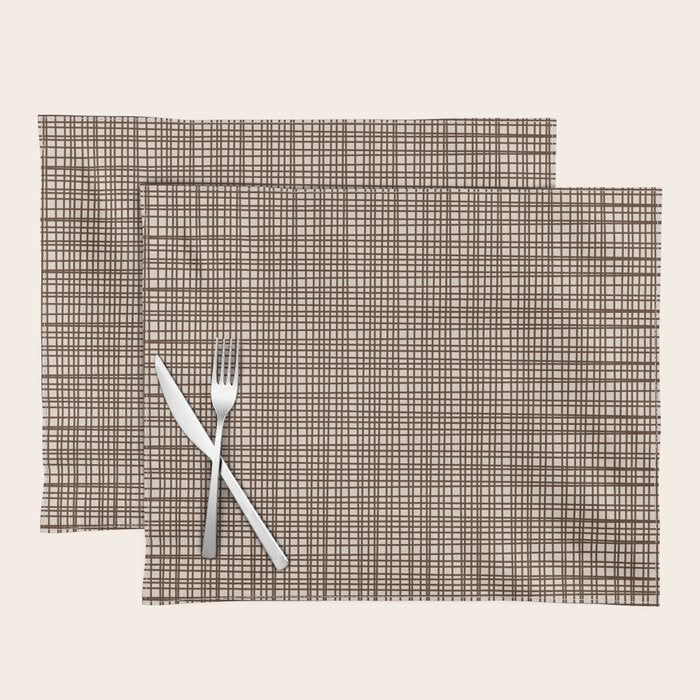 Mid Century Modern Fine Weave Minimalist Retro Woven Pattern in Dark Brown and Light Beige Placemat Gallery Image 1
