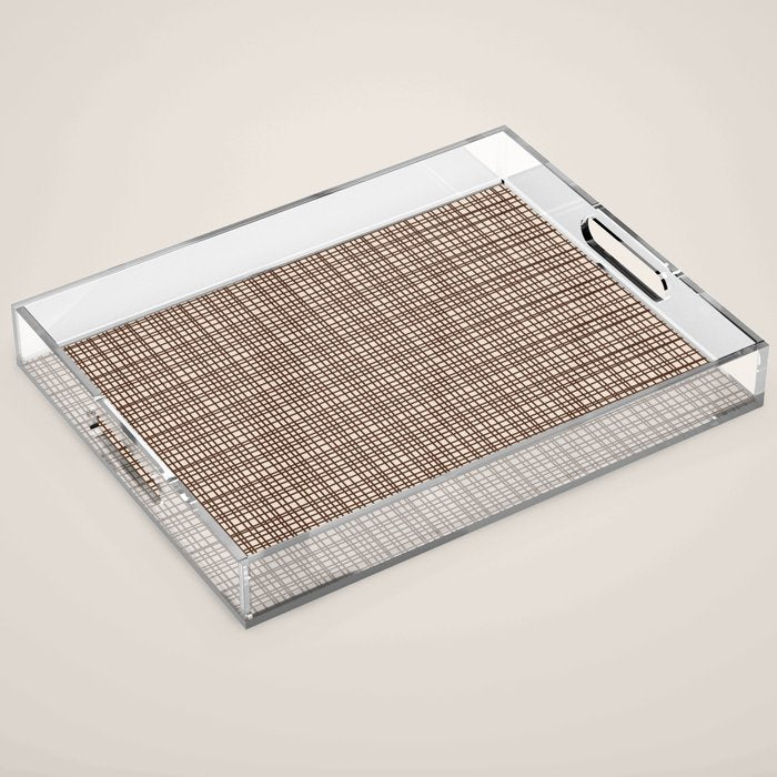 Mid Century Modern Fine Weave Minimalist Retro Woven Pattern in Dark Brown and Light Beige Acrylic Tray Gallery Image 1