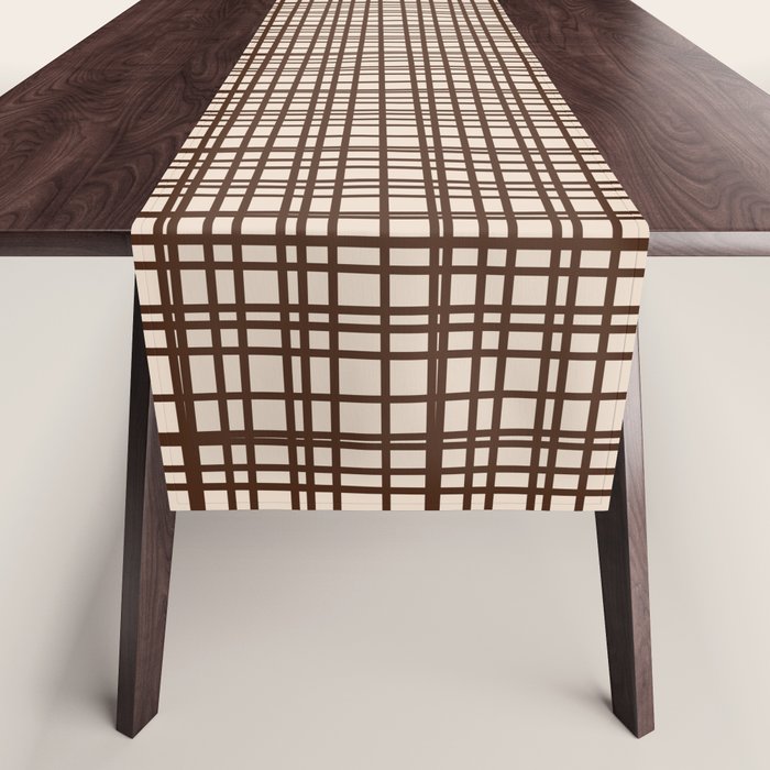 Mid Century Modern Fine Weave Minimalist Retro Woven Pattern in Dark Brown and Light Beige Table Runner Gallery Image 1