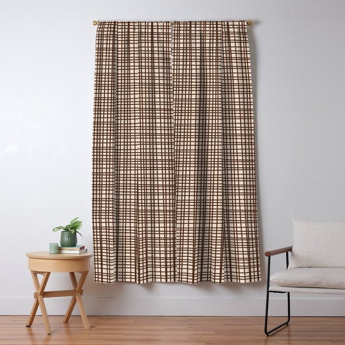 Mid Century Modern Fine Weave Minimalist Retro Woven Pattern in Dark Brown and Light Beige Window Curtain Gallery Image 5