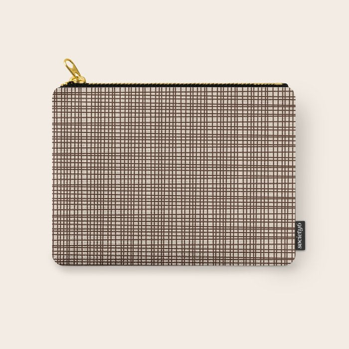 Mid Century Modern Fine Weave Minimalist Retro Woven Pattern in Dark Brown and Light Beige Carry All Pouch Gallery Image 1