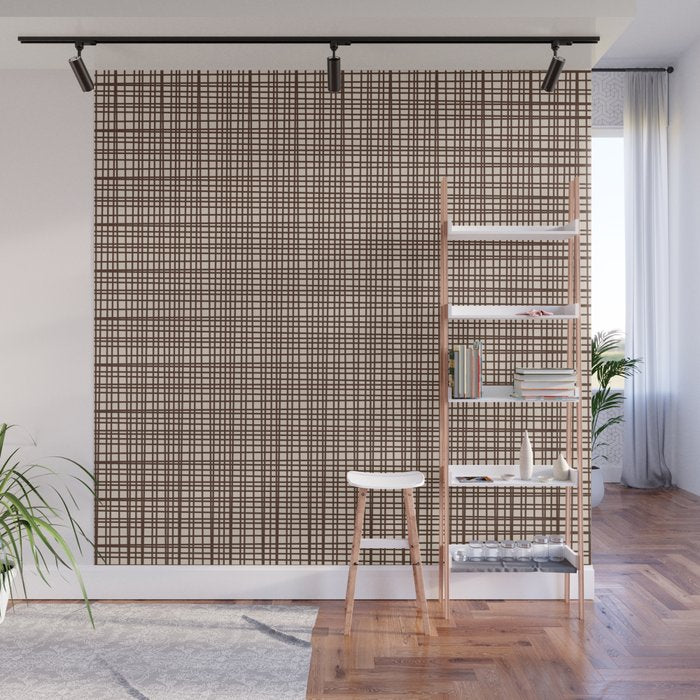 Mid Century Modern Fine Weave Minimalist Retro Woven Pattern in Dark Brown and Light Beige Wall Mural Gallery Image 1