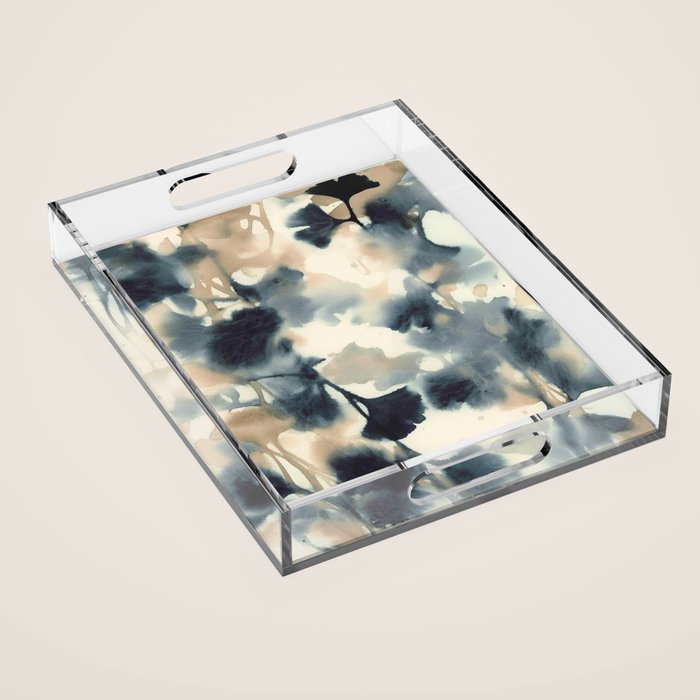 Ethereal Ink Flow Ginkgo Abstract Watercolor in Warm Neutrals and Deep Charcoal Acrylic Tray Gallery Image 1