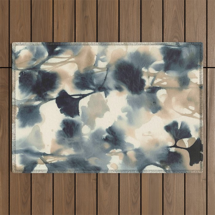 Ethereal Ink Flow Ginkgo Abstract Watercolor in Warm Neutrals and Deep Charcoal Outdoor Rug Gallery Image 1
