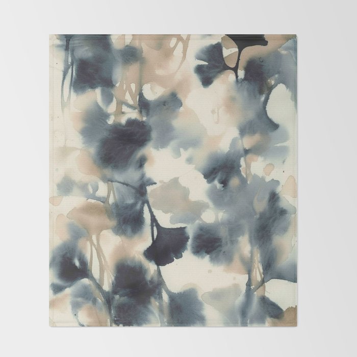 Ethereal Ink Flow Ginkgo Abstract Watercolor in Warm Neutrals and Deep Charcoal Throw Blanket Gallery Image 2