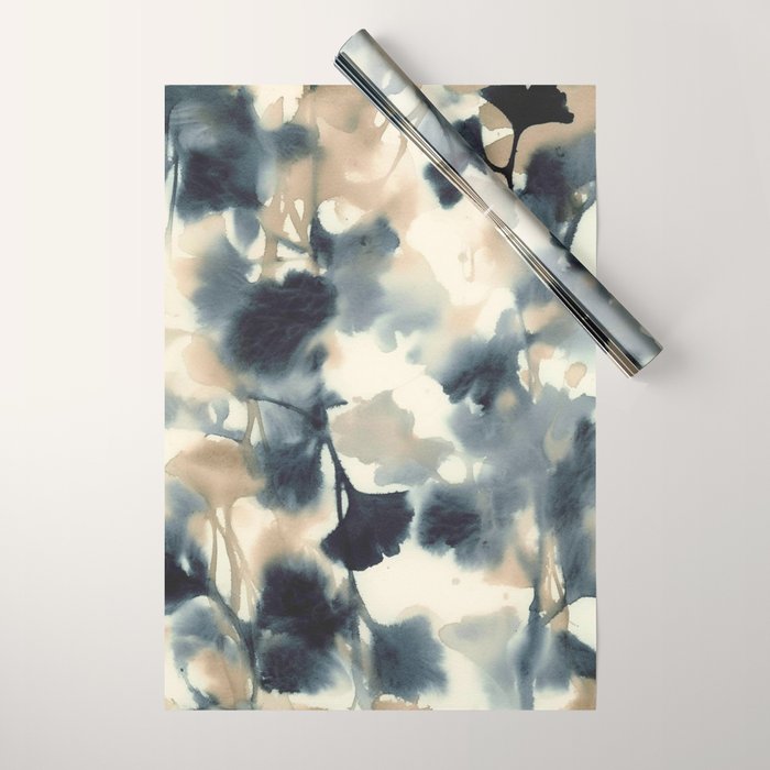 Ethereal Ink Flow Ginkgo Abstract Watercolor in Warm Neutrals and Deep Charcoal Wrapping Paper Gallery Image 1