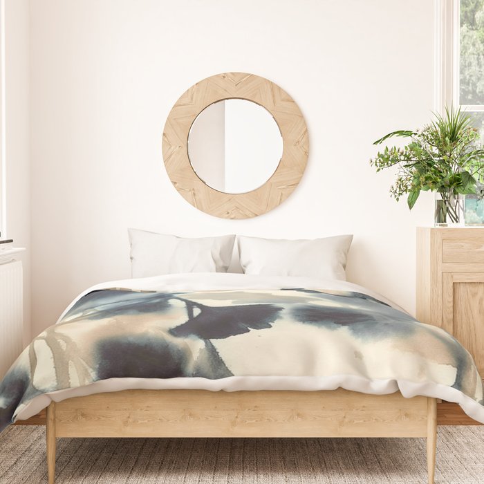 Ethereal Ink Flow Ginkgo Abstract Watercolor in Warm Neutrals and Deep Charcoal Duvet Cover Gallery Image 3