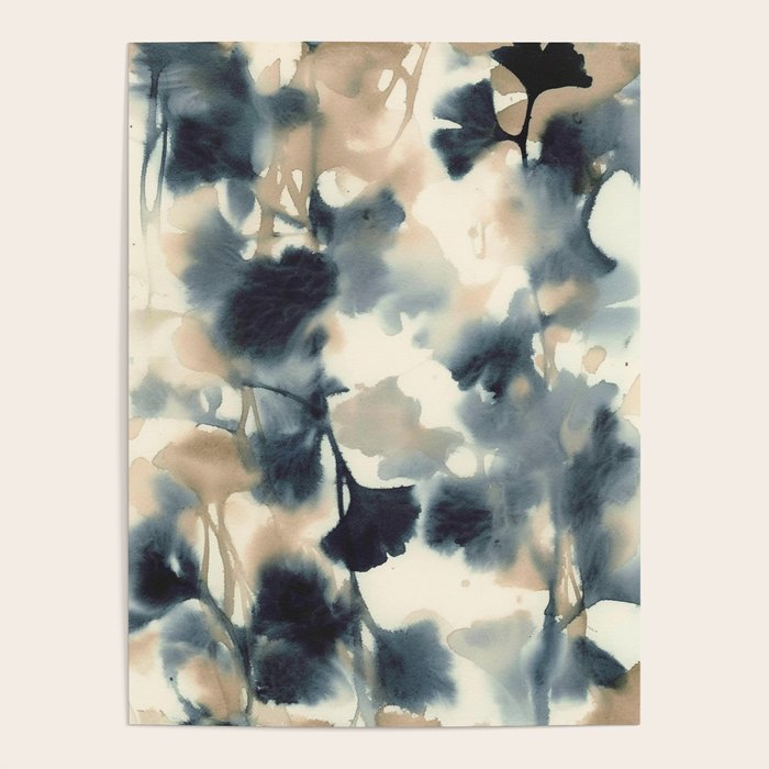 Ethereal Ink Flow Ginkgo Abstract Watercolor in Warm Neutrals and Deep Charcoal Poster Gallery Image 4