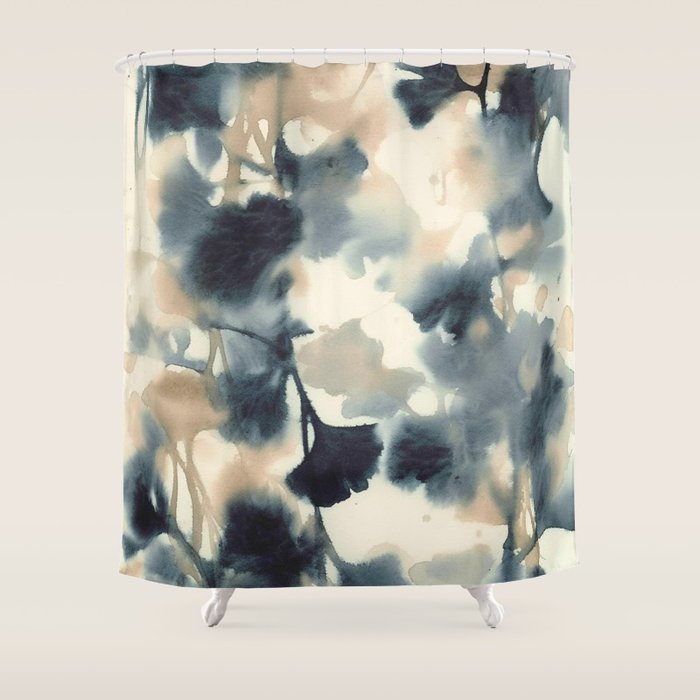 Ethereal Ink Flow Ginkgo Abstract Watercolor in Warm Neutrals and Deep Charcoal Shower Curtain Gallery Image 1