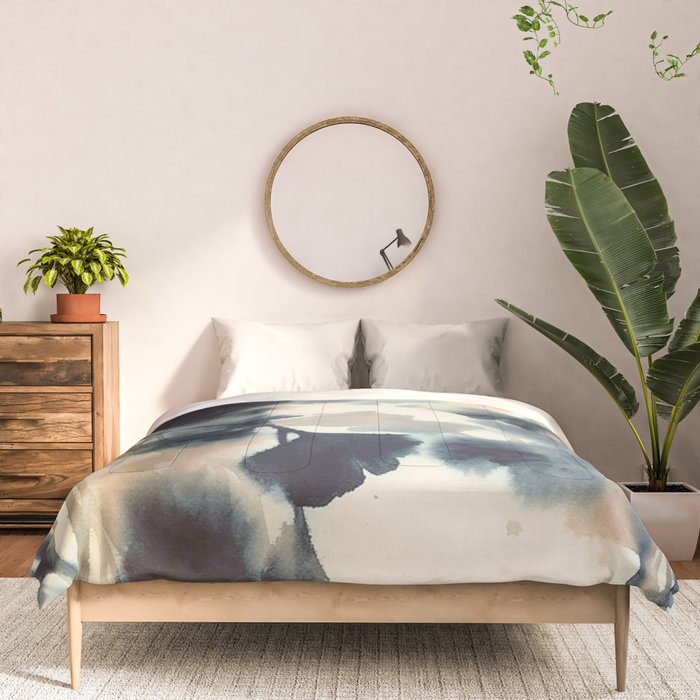 Ethereal Ink Flow Ginkgo Abstract Watercolor in Warm Neutrals and Deep Charcoal Comforter Gallery Image 3