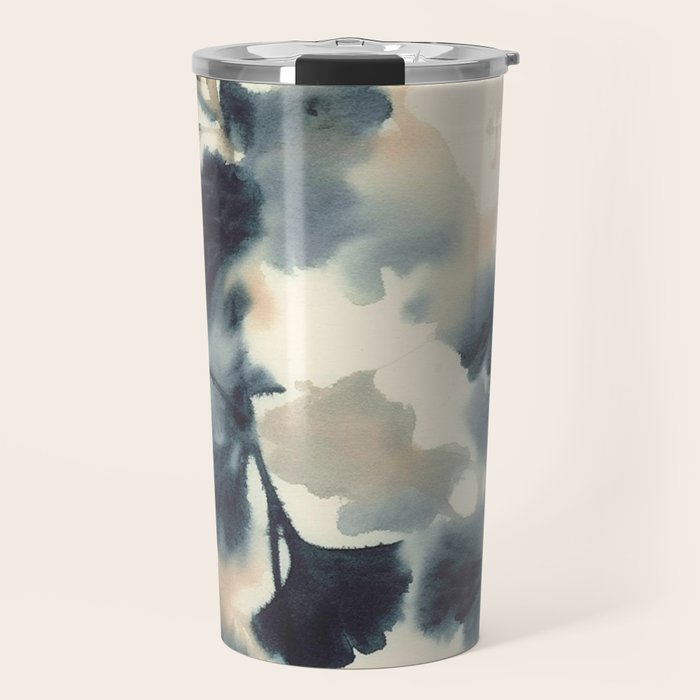 Ethereal Ink Flow Ginkgo Abstract Watercolor in Warm Neutrals and Deep Charcoal Travel Mug Gallery Image 1
