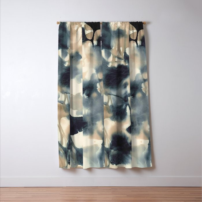 Ethereal Ink Flow Ginkgo Abstract Watercolor in Warm Neutrals and Deep Charcoal Window Curtain Gallery Image 3