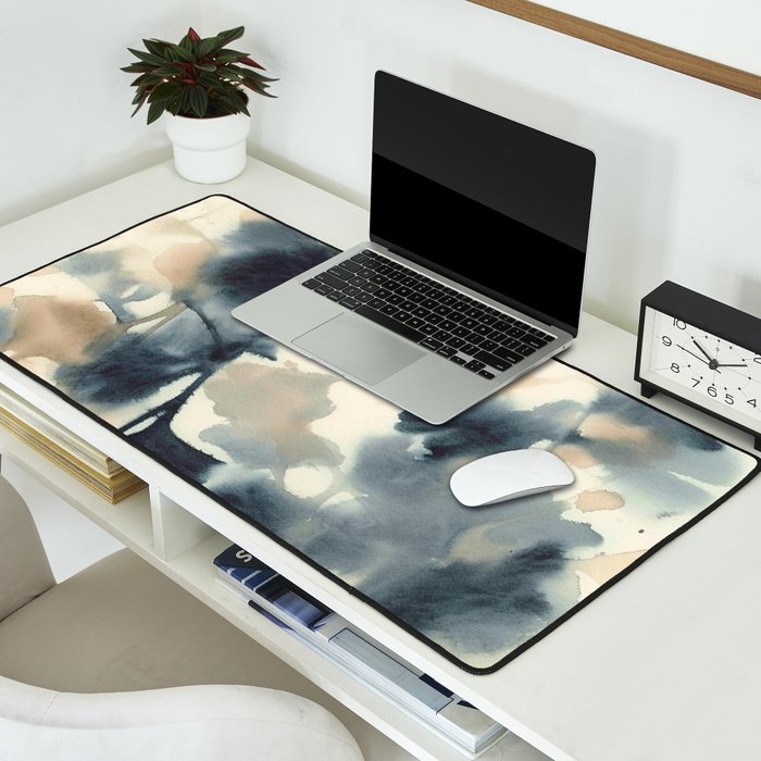 Ethereal Ink Flow Ginkgo Abstract Watercolor in Warm Neutrals and Deep Charcoal Desk Mat Gallery Image 2