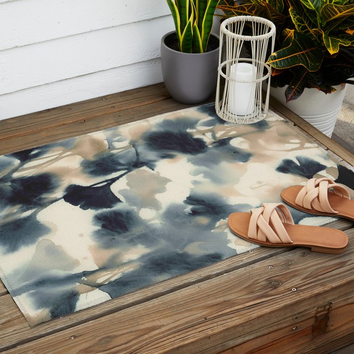Ethereal Ink Flow Ginkgo Abstract Watercolor in Warm Neutrals and Deep Charcoal Outdoor Rug Gallery Image 2