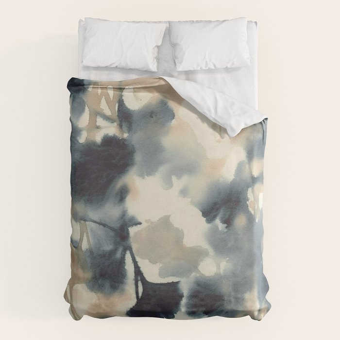 Ethereal Ink Flow Ginkgo Abstract Watercolor in Warm Neutrals and Deep Charcoal Duvet Cover Gallery Image 6