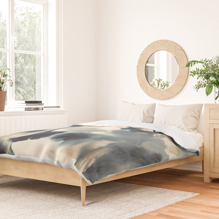 Ethereal Ink Flow Ginkgo Abstract Watercolor in Warm Neutrals and Deep Charcoal Duvet Cover Gallery Image 2