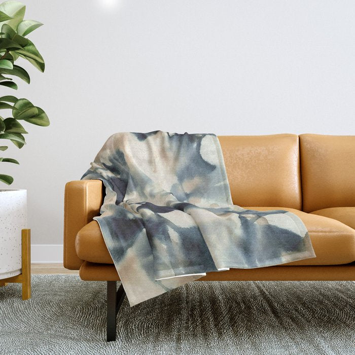 Ethereal Ink Flow Ginkgo Abstract Watercolor in Warm Neutrals and Deep Charcoal Throw Blanket Gallery Image 1