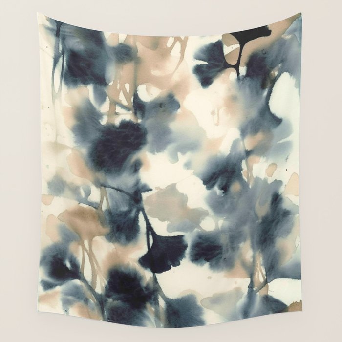 Ethereal Ink Flow Ginkgo Abstract Watercolor in Warm Neutrals and Deep Charcoal Wall Tapestry Gallery Image 1