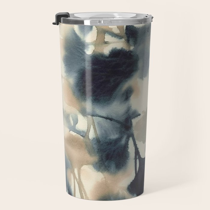 Ethereal Ink Flow Ginkgo Abstract Watercolor in Warm Neutrals and Deep Charcoal Travel Mug Gallery Image 3