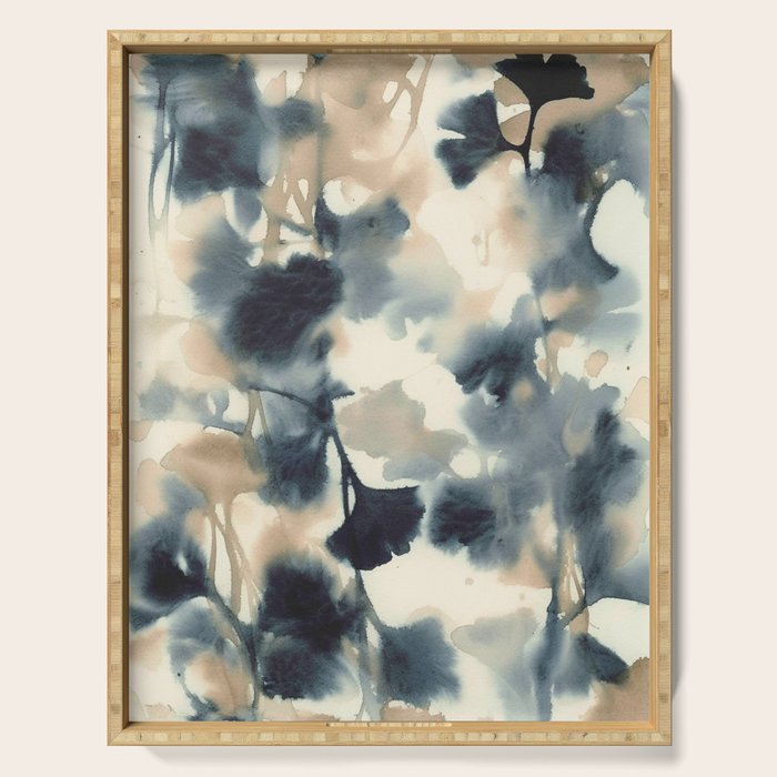 Ethereal Ink Flow Ginkgo Abstract Watercolor in Warm Neutrals and Deep Charcoal Serving Tray Gallery Image 1