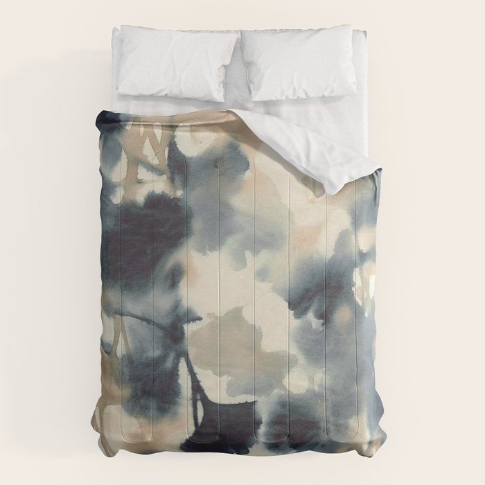 Ethereal Ink Flow Ginkgo Abstract Watercolor in Warm Neutrals and Deep Charcoal Comforter Gallery Image 6