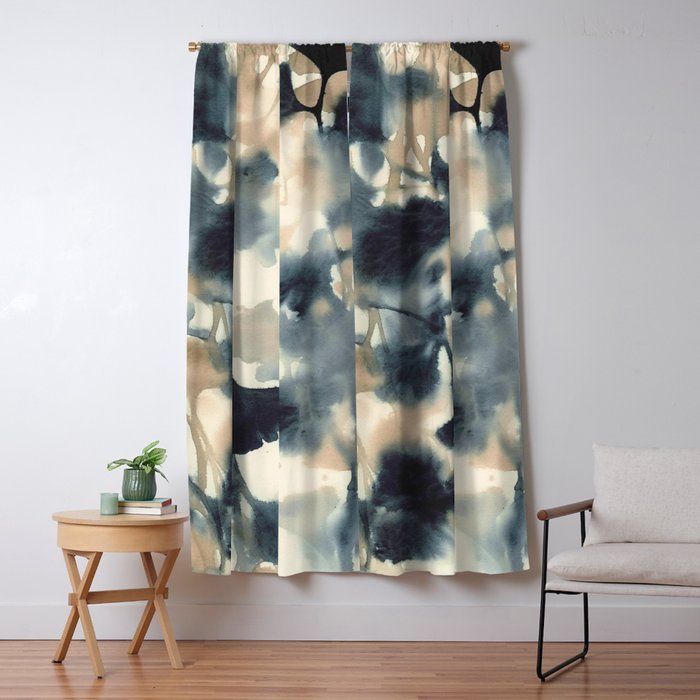 Ethereal Ink Flow Ginkgo Abstract Watercolor in Warm Neutrals and Deep Charcoal Window Curtain Gallery Image 1