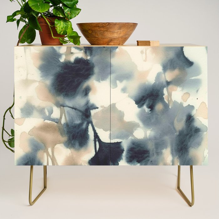 Ethereal Ink Flow Ginkgo Abstract Watercolor in Warm Neutrals and Deep Charcoal Credenza Gallery Image 1