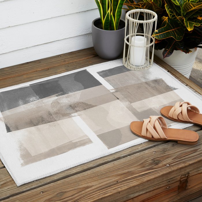 Grey and Beige Minimalist Geometric Abstract âBuilding Blocksâ Outdoor Rug Gallery Image 2