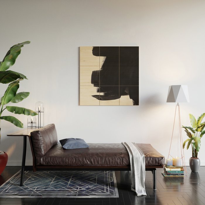 Mid Century Modern Minimalist Abstract Art Brush Strokes Black & White Ink Art Colorfield Wood Wall Art Gallery Image 2