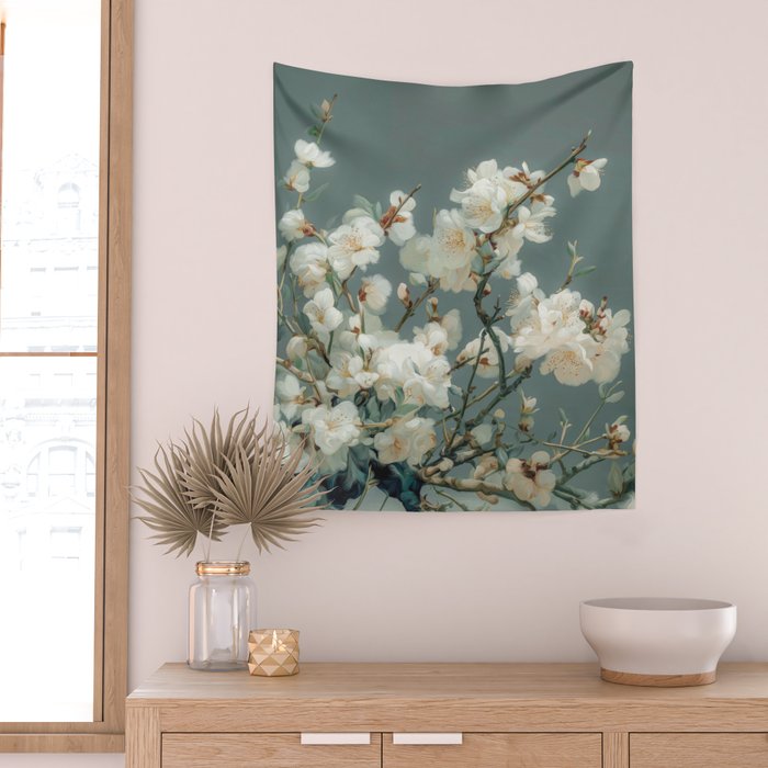 Cherry Blossom Painting Japanese Wall Art Floral Print Wabi Sabi Art Sage Green Poster japandi Art Wall Tapestry Gallery Image 2