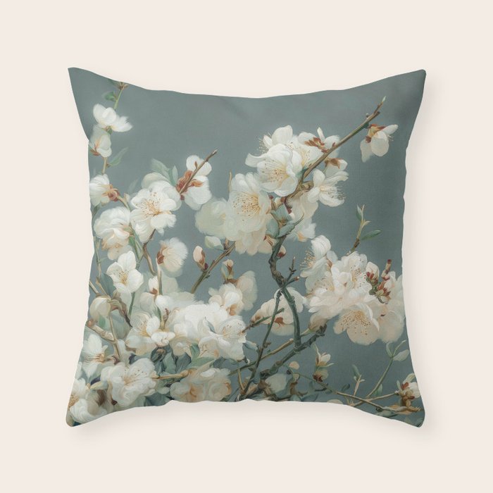Cherry Blossom Painting Japanese Wall Art Floral Print Wabi Sabi Art Sage Green Poster japandi Art Throw Pillow Gallery Image 6