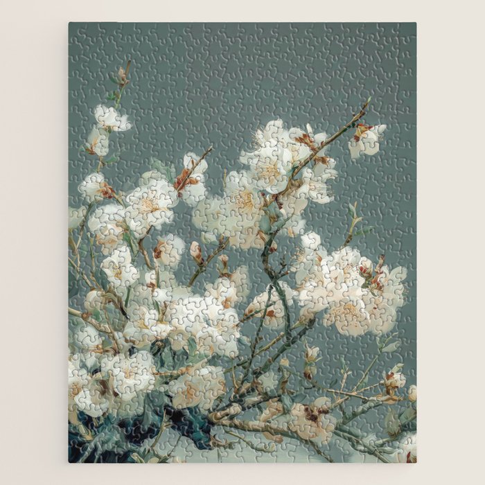Cherry Blossom Painting Japanese Wall Art Floral Print Wabi Sabi Art Sage Green Poster japandi Art Jigsaw Puzzle Gallery Image 1