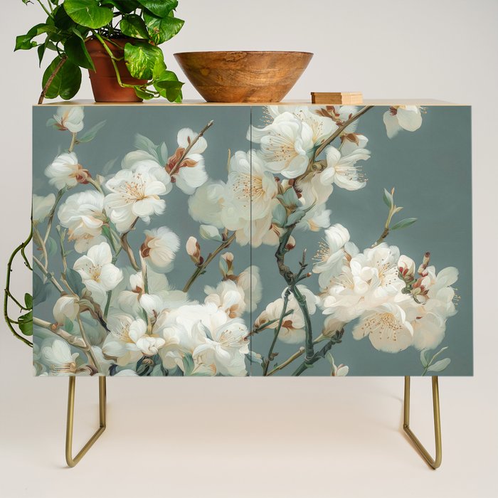 Cherry Blossom Painting Japanese Wall Art Floral Print Wabi Sabi Art Sage Green Poster japandi Art Credenza Gallery Image 1