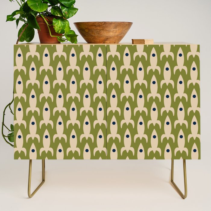 Space Age Rocket Ships - Atomic Age Mid-Century Modern Pattern in Mid Mod Beige and Olive Credenza Gallery Image 1