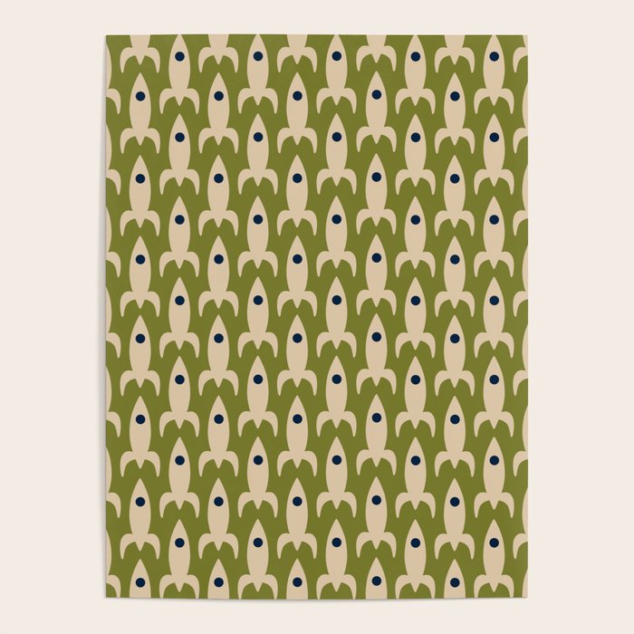 Space Age Rocket Ships - Atomic Age Mid-Century Modern Pattern in Mid Mod Beige and Olive Poster Gallery Image 4