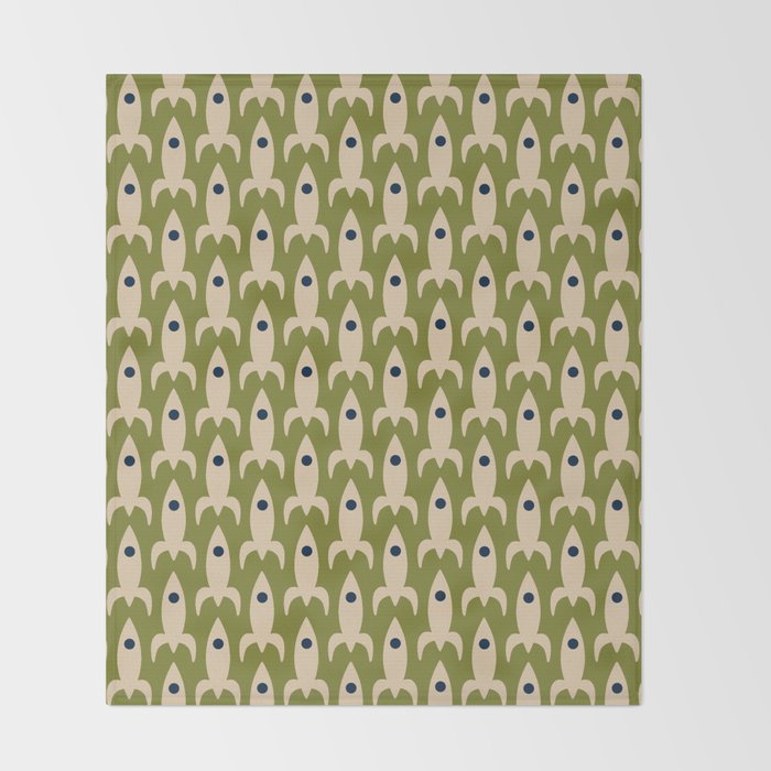Space Age Rocket Ships - Atomic Age Mid-Century Modern Pattern in Mid Mod Beige and Olive Throw Blanket Gallery Image 2
