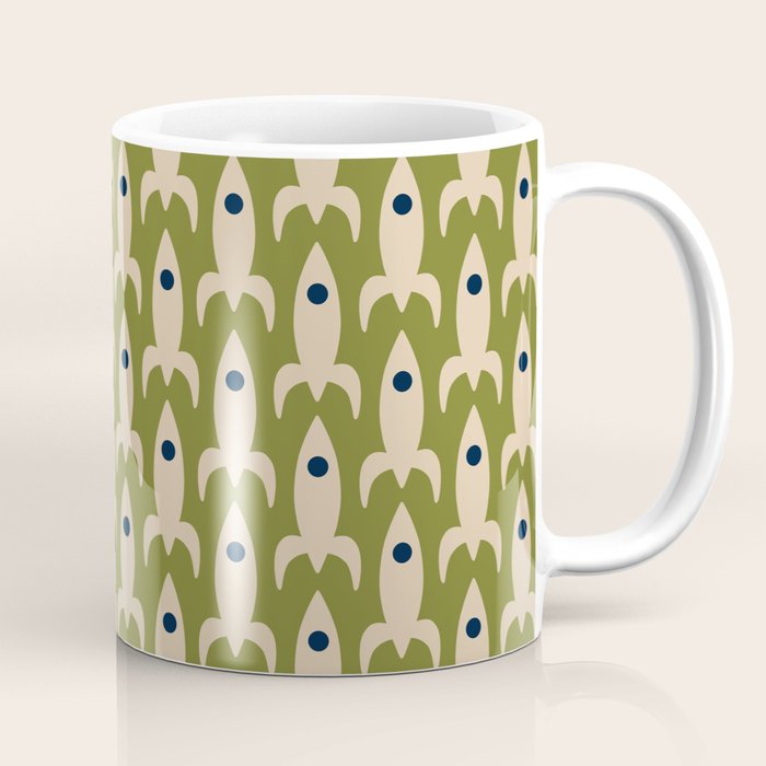 Space Age Rocket Ships - Atomic Age Mid-Century Modern Pattern in Mid Mod Beige and Olive Coffee Mug Gallery Image 1