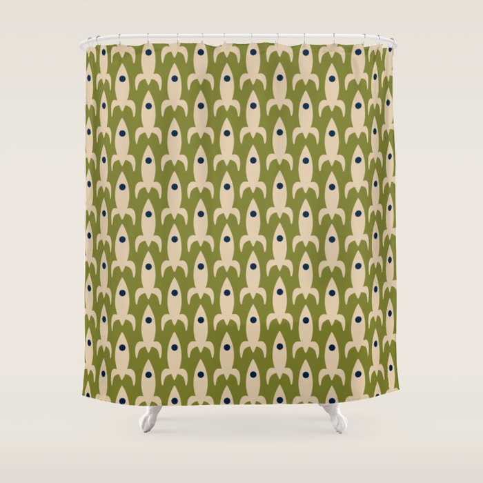 Space Age Rocket Ships - Atomic Age Mid-Century Modern Pattern in Mid Mod Beige and Olive Shower Curtain Gallery Image 1